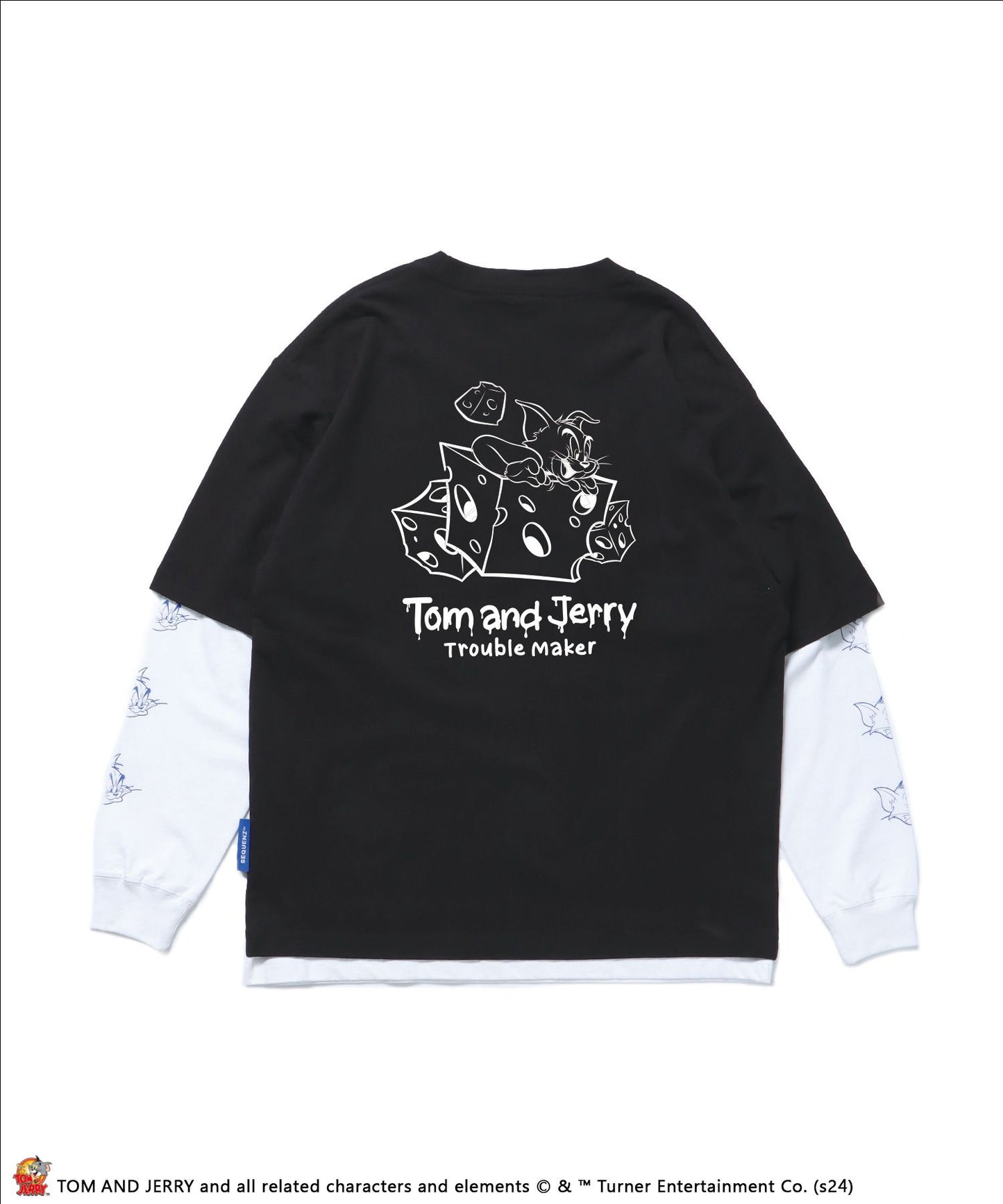 【SEQUENZ】TJ CHEESE TEE LAYERED / 半袖Tシャツ ロンT 2枚セット ワンポイント バックプリント モノトーン レイヤード 長袖Tシャツ TOM&JERRY ブラック
