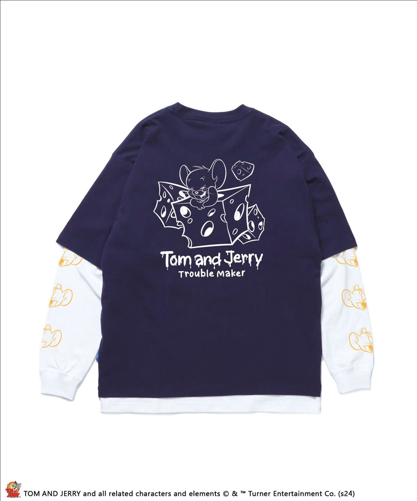 【SEQUENZ】TJ CHEESE TEE LAYERED / 半袖Tシャツ ロンT 2枚セット ワンポイント バックプリント モノトーン レイヤード 長袖Tシャツ TOM&JERRY ネイビー