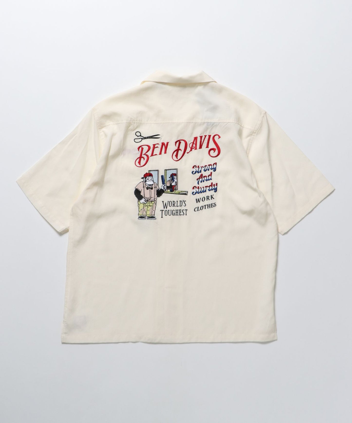 【BEN DAVIS(ベンデイビス)】CUT HOUSE O/C SHIRT / 半袖シャツ オープンカラー ロゴ刺繍 オーバーサイズ ブランドロゴ フロント ルード オフホワイト