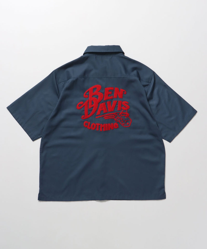 【BEN DAVIS(ベンデイビス)】NEEDLEWORK S/S WORK SHIRT / 半袖 ワークシャツ レギュラーカラー 刺繍 ブランドロゴ ブルーグレー