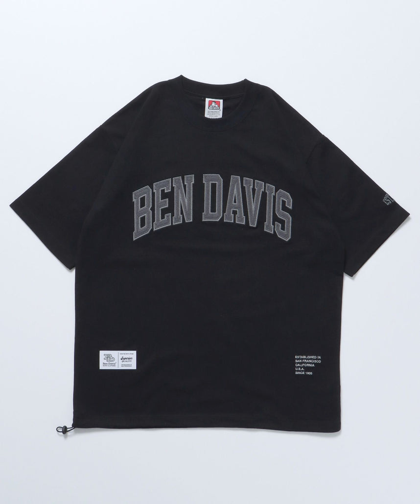 【BEN DAVIS(ベンデイビス)】LETTERED ATHLE TEE / ドローコード 半袖Tシャツ ロゴ刺繍 クルーネック オーバーサイズ ブランドロゴ フロント ブラック