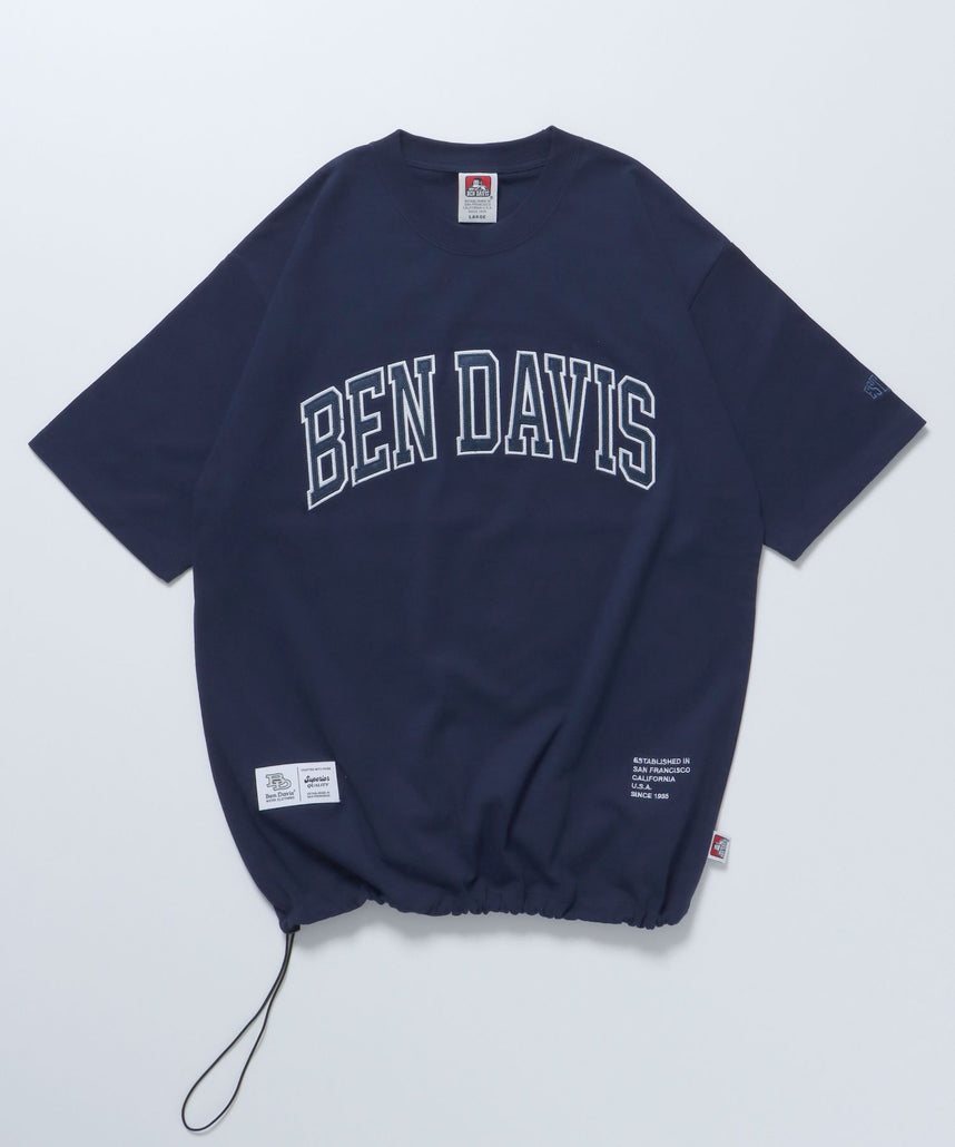 【BEN DAVIS(ベンデイビス)】LETTERED ATHLE TEE / ドローコード 半袖Tシャツ ロゴ刺繍 クルーネック オーバーサイズ ブランドロゴ フロント ダークネイビー
