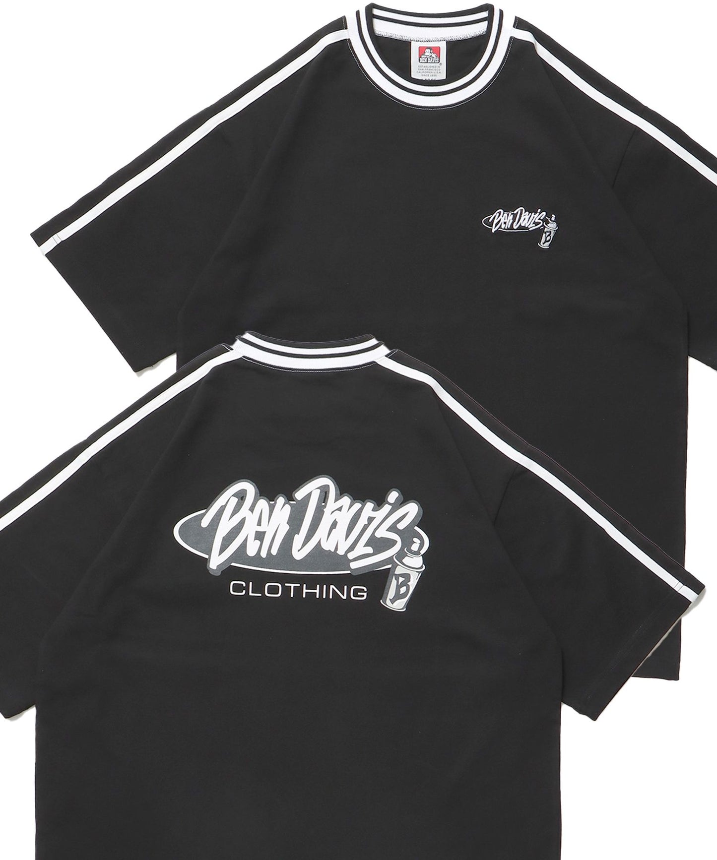【BEN DAVIS（ベンデイビス）】SIDE STRIPED OVAL LOGO TEE / Tシャツ スポーティー リブライン 刺繍 半袖 ブラック