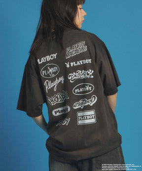 PB STICKER S/S TEE / PLAYBOY×Sequenz スプレーブリーチ加工 Tシャツ バニーガール ロゴ ヴィンテージ 半袖 ブラック