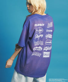 PB STICKER S/S TEE / PLAYBOY×Sequenz スプレーブリーチ加工 Tシャツ バニーガール ロゴ ヴィンテージ 半袖 ブルー