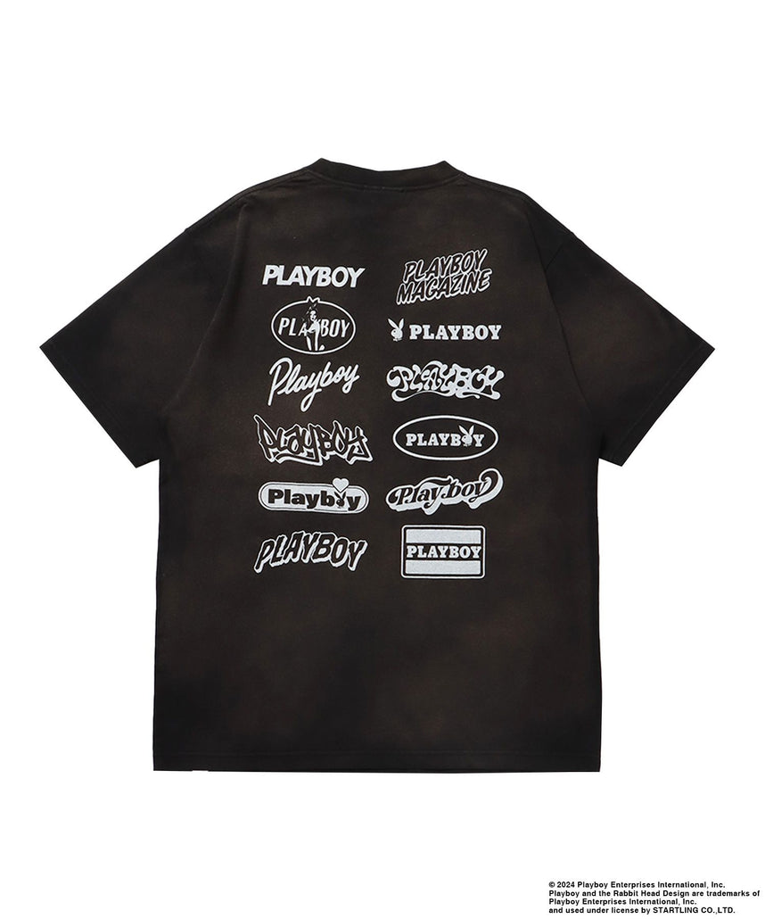 【SEQUENZ（シークエンズ）】PB STICKER S/S TEE / PLAYBOY×Sequenz スプレーブリーチ加工 Tシャツ バニーガール ロゴ ヴィンテージ 半袖 ブラック