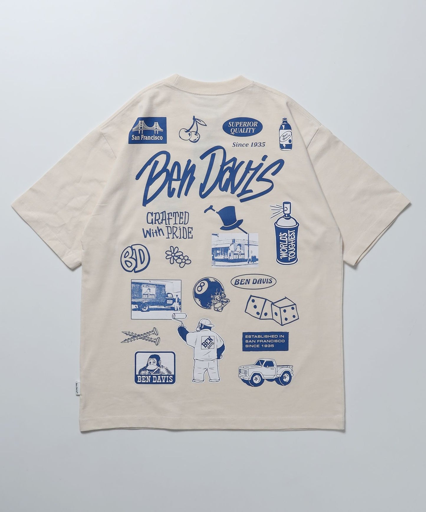 【BEN DAVIS（ベンデイビス）】TAGGING TEE / スケーター モノトーン Tシャツ ロゴ 刺繍 半袖 ホワイト × ブルー