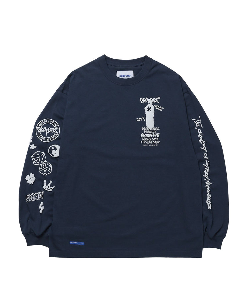 【SEQUENZ（シークエンズ）】O.G COLLAGE PUFF PT L/S TEE / ロンT 長袖 バックプリント フォト ネイビー