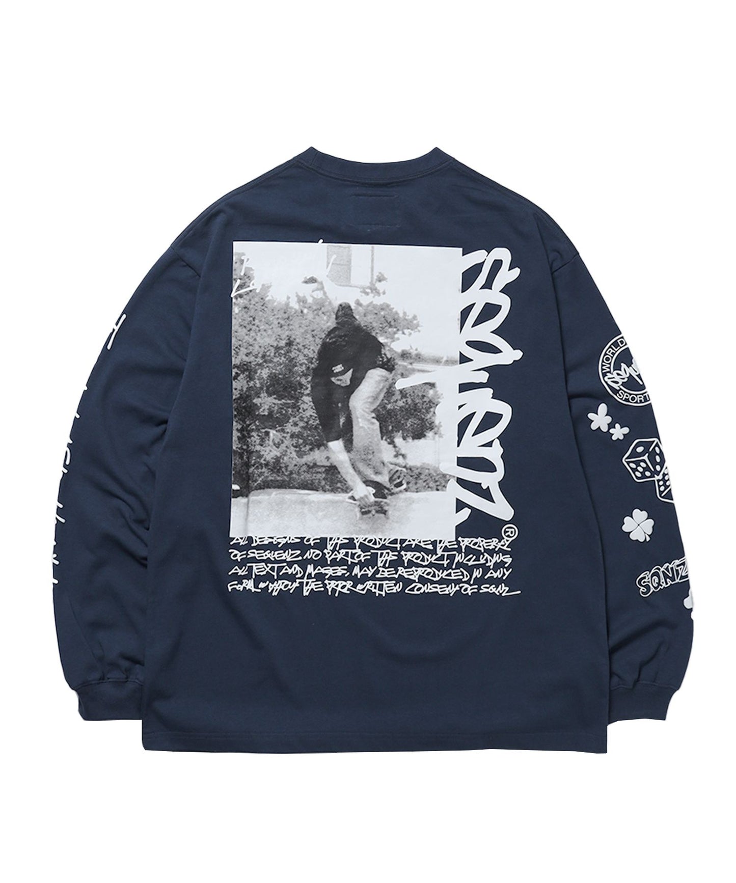 【SEQUENZ（シークエンズ）】O.G COLLAGE PUFF PT L/S TEE / ロンT 長袖 バックプリント フォト ネイビー