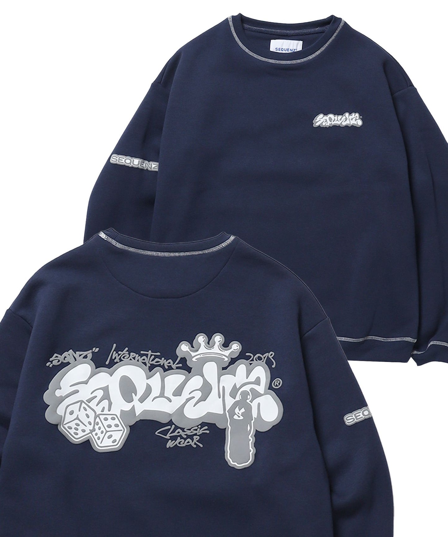 【SEQUENZ（シークエンズ）】GRAFFITI C/N SWEAT / グラフィティ オーバーサイズ ヴィンテージライク ステッチ 裏起毛 ネイビー