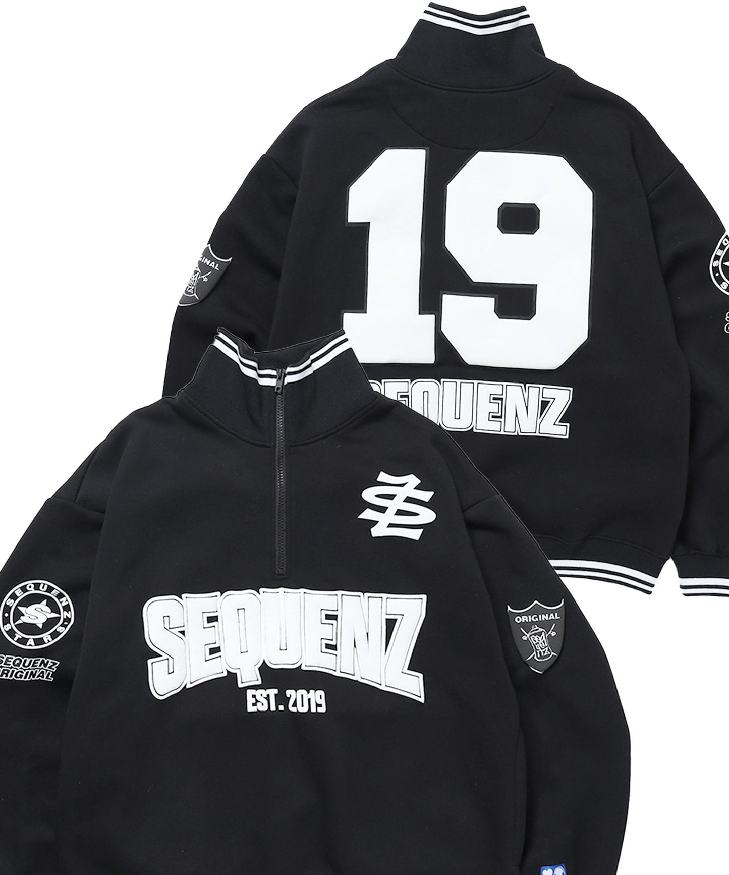 【SEQUENZ（シークエンズ）】90`s FLAVA HALF ZIP SWEAT / ナンバリング ブロークコア オーバーサイズ レトロ 裏起毛 ブラック