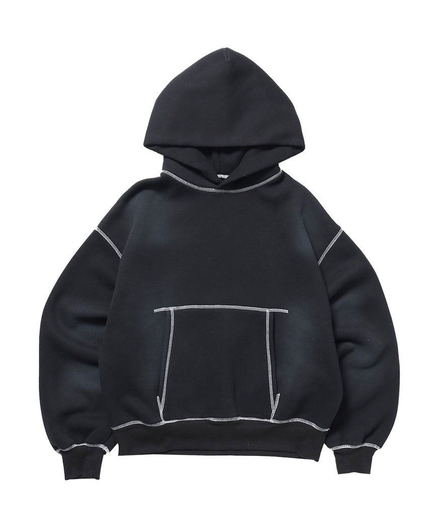 【SEQUENZ（シークエンズ）】ONI-FADE BOXY HOODIE / 短丈 フェード オーバーサイズ ヴィンテージライク ステッチ 裏起毛 ブラック