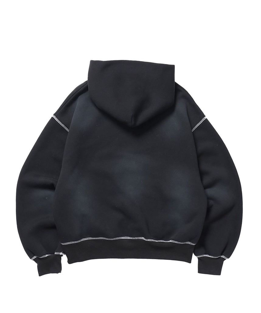 ONI-FADE BOXY HOODIE / 短丈 フェード オーバーサイズ ヴィンテージライク ステッチ 裏起毛 ブラック ≪SET UP着用可能≫