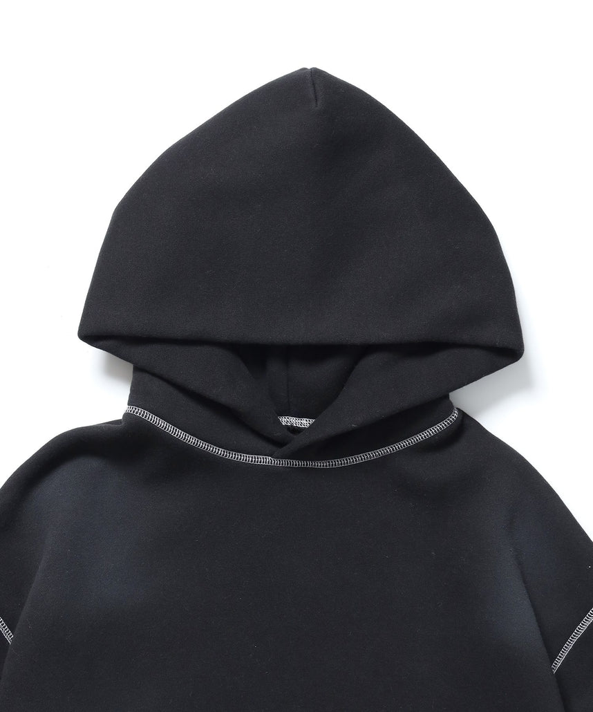 ONI-FADE BOXY HOODIE / 短丈 フェード オーバーサイズ ヴィンテージライク ステッチ 裏起毛 ブラック ≪SET UP着用可能≫