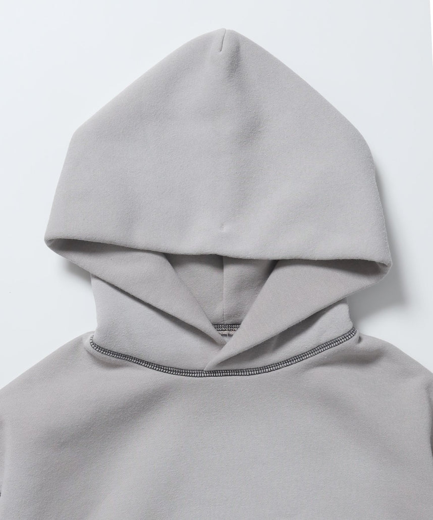 ONI-FADE BOXY HOODIE / 短丈 フェード オーバーサイズ ヴィンテージライク ステッチ 裏起毛 ライトグレー ≪SET UP着用可能≫