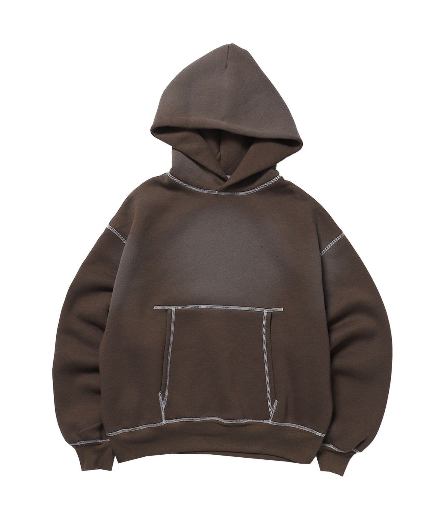 【SEQUENZ（シークエンズ）】ONI-FADE BOXY HOODIE / 短丈 フェード オーバーサイズ ヴィンテージライク ステッチ 裏起毛 ブラウン