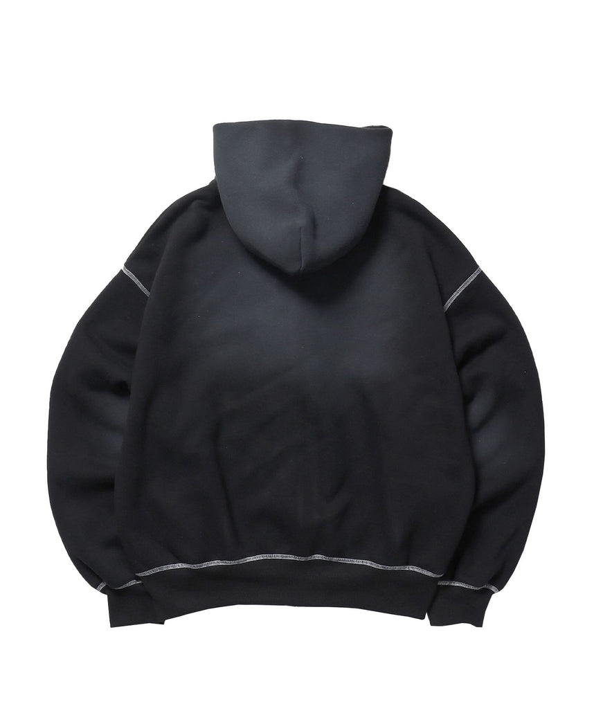 ONI-FADE BOXY ZIP HOODIE / 短丈 フェード オーバーサイズ ヴィンテージライク ステッチ 裏起毛 ブラック ≪SET UP着用可能≫