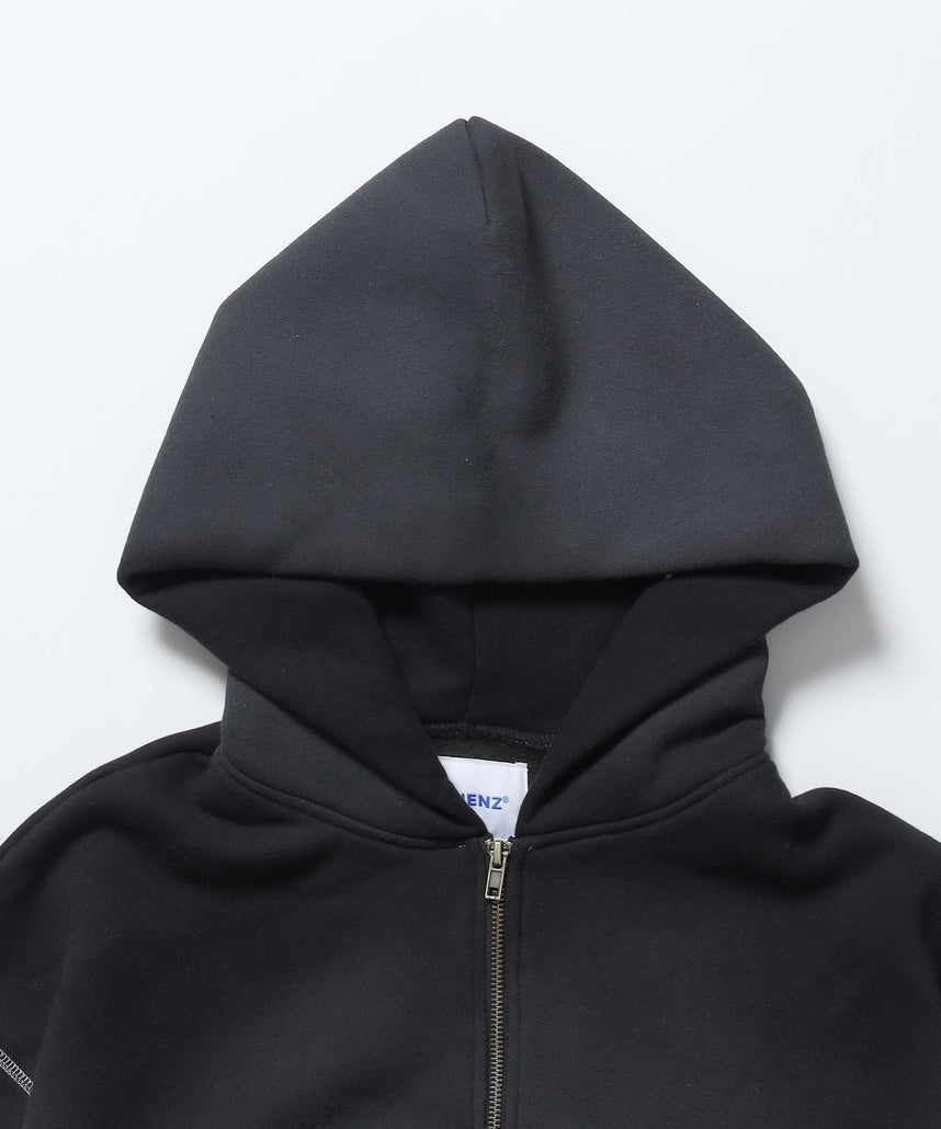 ONI-FADE BOXY ZIP HOODIE / 短丈 フェード オーバーサイズ ヴィンテージライク ステッチ 裏起毛 ブラック ≪SET UP着用可能≫