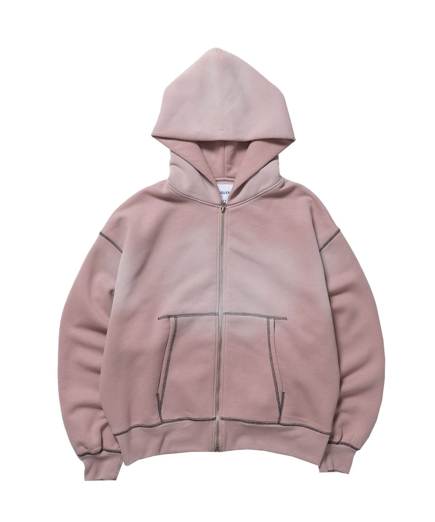 【SEQUENZ（シークエンズ）】ONI-FADE BOXY ZIP HOODIE / 短丈 フェード オーバーサイズ ヴィンテージライク ステッチ 裏起毛 ピンク