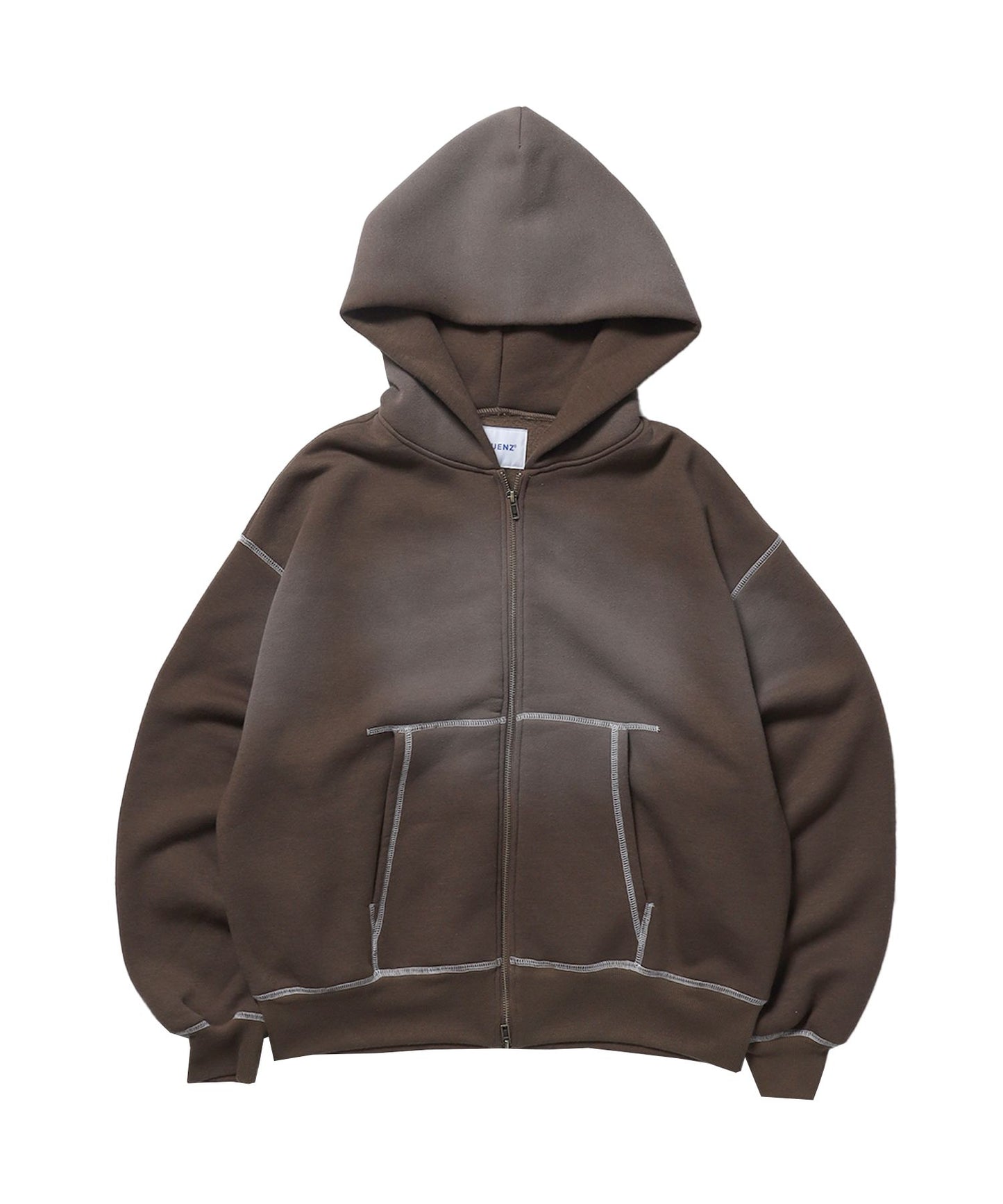 【SEQUENZ（シークエンズ）】ONI-FADE BOXY ZIP HOODIE / 短丈 フェード オーバーサイズ ヴィンテージライク ステッチ 裏起毛 ブラウン