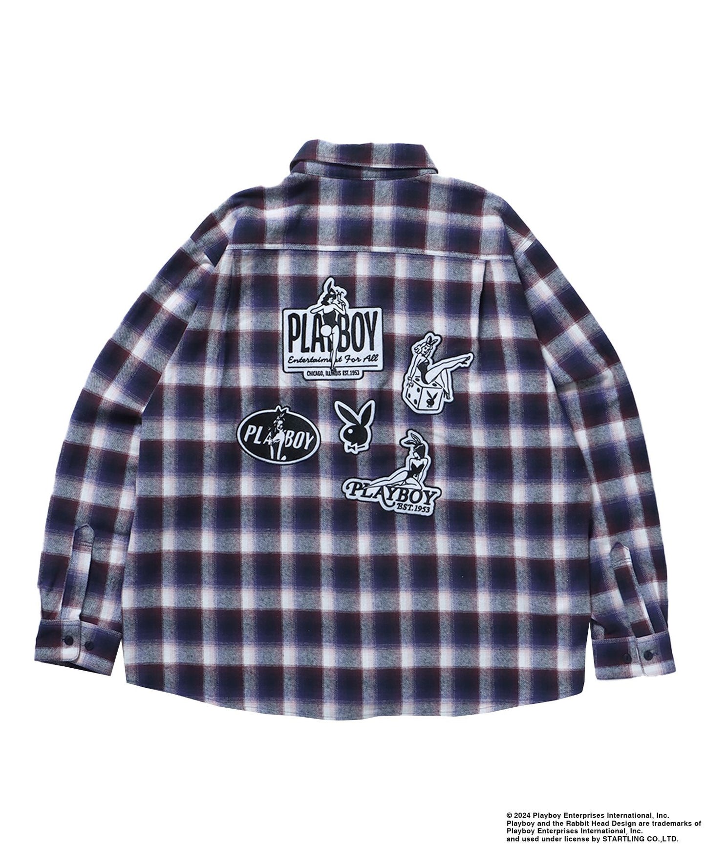 【SEQUENZ（シークエンズ）】PB BUNNY PATCHES OMBRE L/S SHIRT / プレイボーイ 長袖シャツ ビックシルエット ネイビー