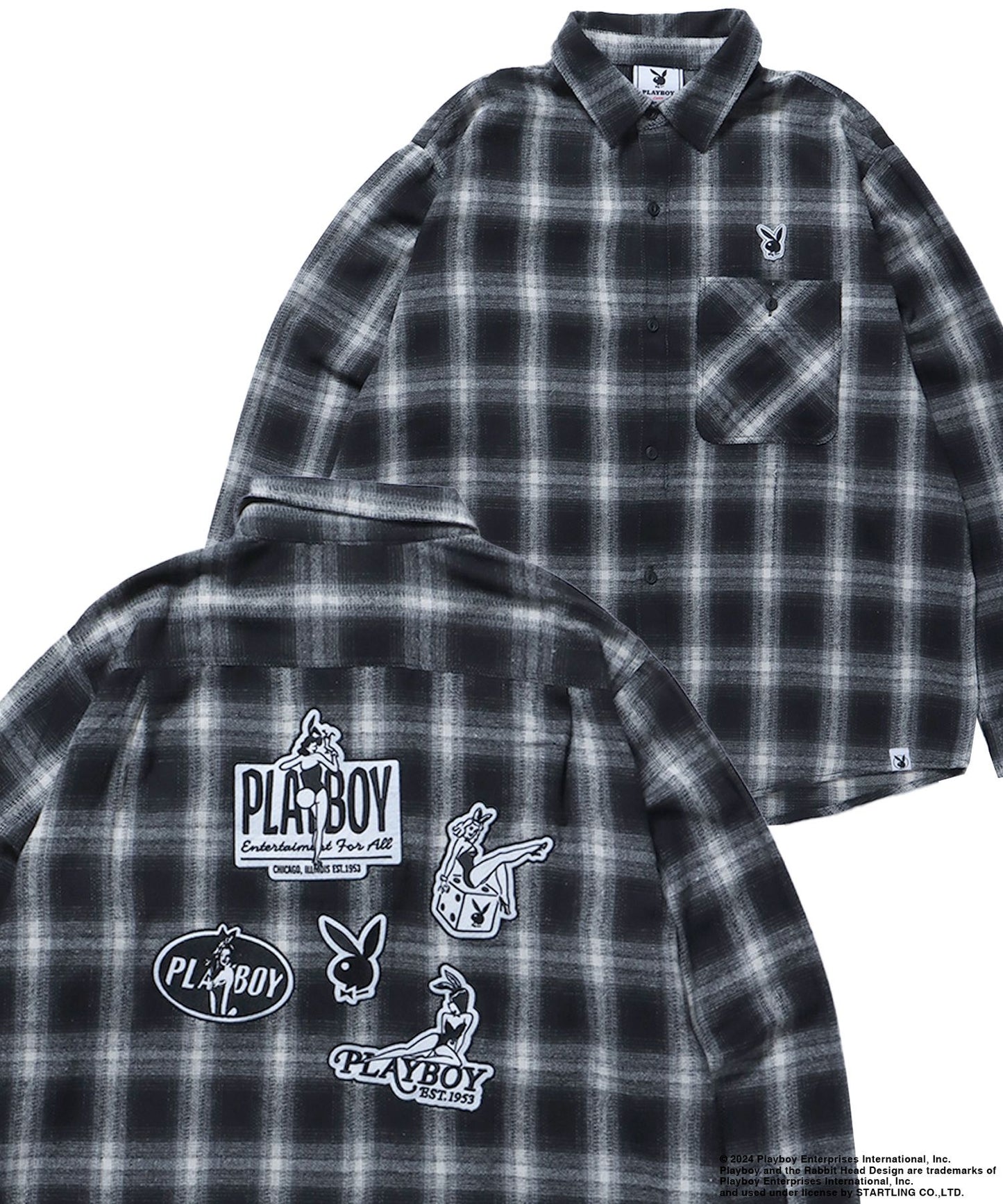 【SEQUENZ（シークエンズ）】PB BUNNY PATCHES OMBRE L/S SHIRT / プレイボーイ 長袖シャツ ビックシルエット ブラック