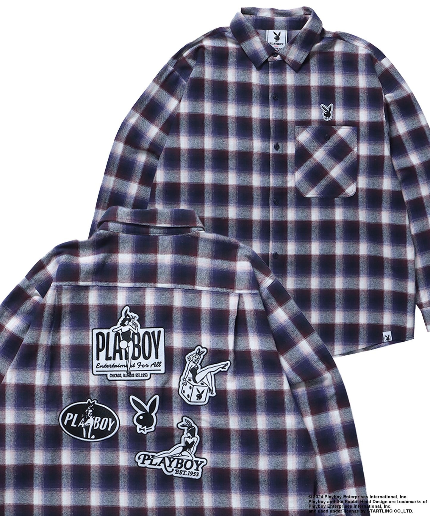 【SEQUENZ（シークエンズ）】PB BUNNY PATCHES OMBRE L/S SHIRT / プレイボーイ 長袖シャツ ビックシルエット ネイビー