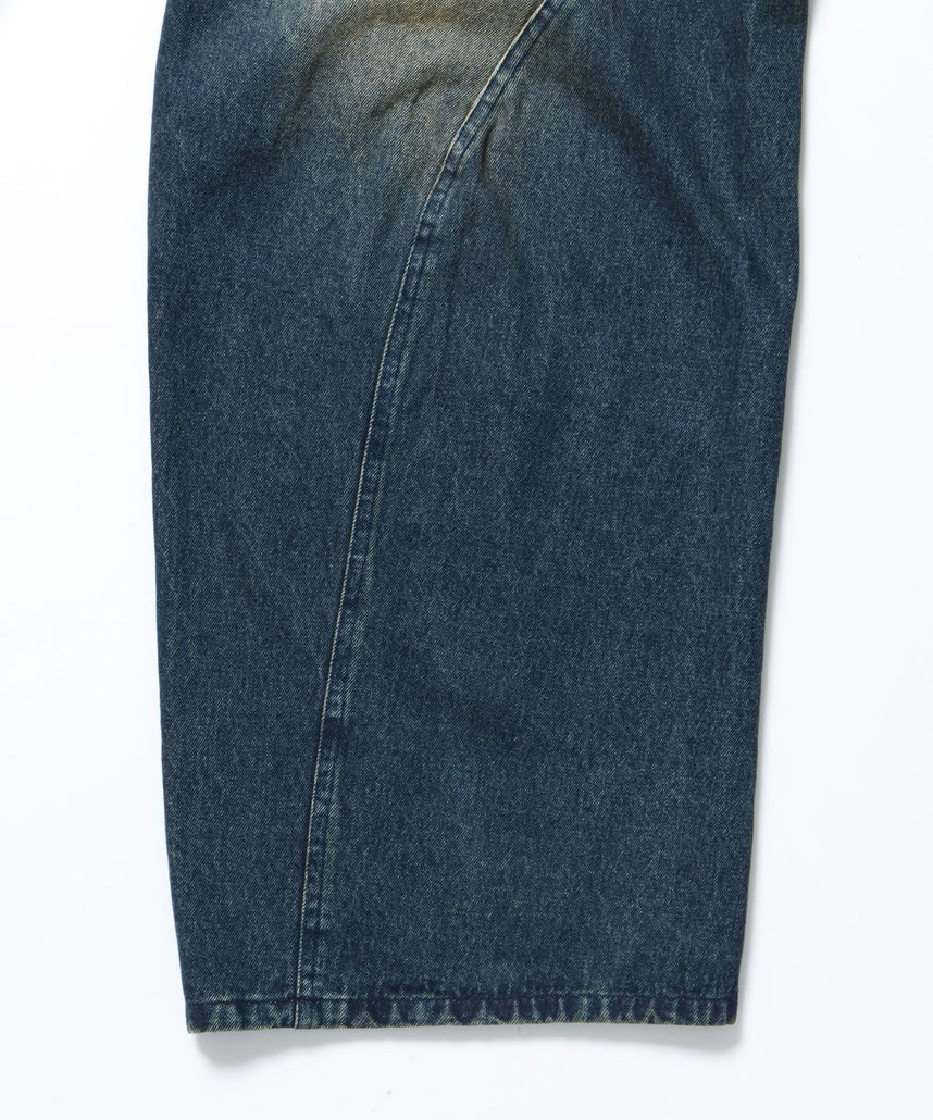 sqnz washed curve denim pants / カーブデニム ワイドパンツ ヴィンテージライク オーバーダイ ブルー