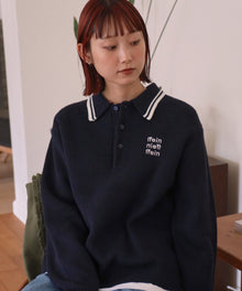 三段ロゴアソート襟ポロニット / ポロシャツ ニット ボーダー 刺繍 ワンポイント ネイビー