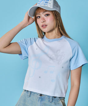 ※WEB限定 sqnz treble clef pt tee / レディース 半袖 クルーネック プリント ラグラン ピチT ちびT ライトブルー