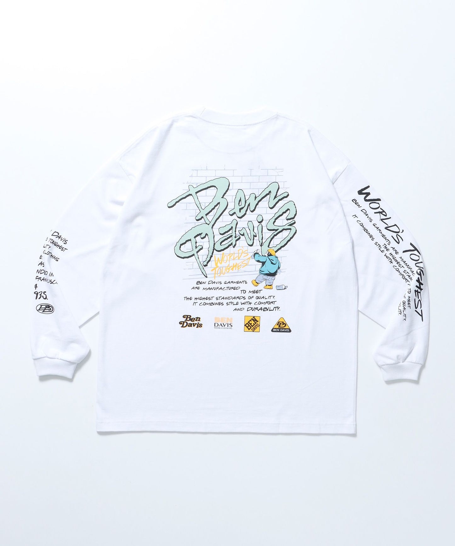 【BEN DAVIS（ベンデイビス）】SPRAY MASTER L/S TEE[WIDE] / クルーネック 長袖 刺繍 オーバーサイズ ホワイト