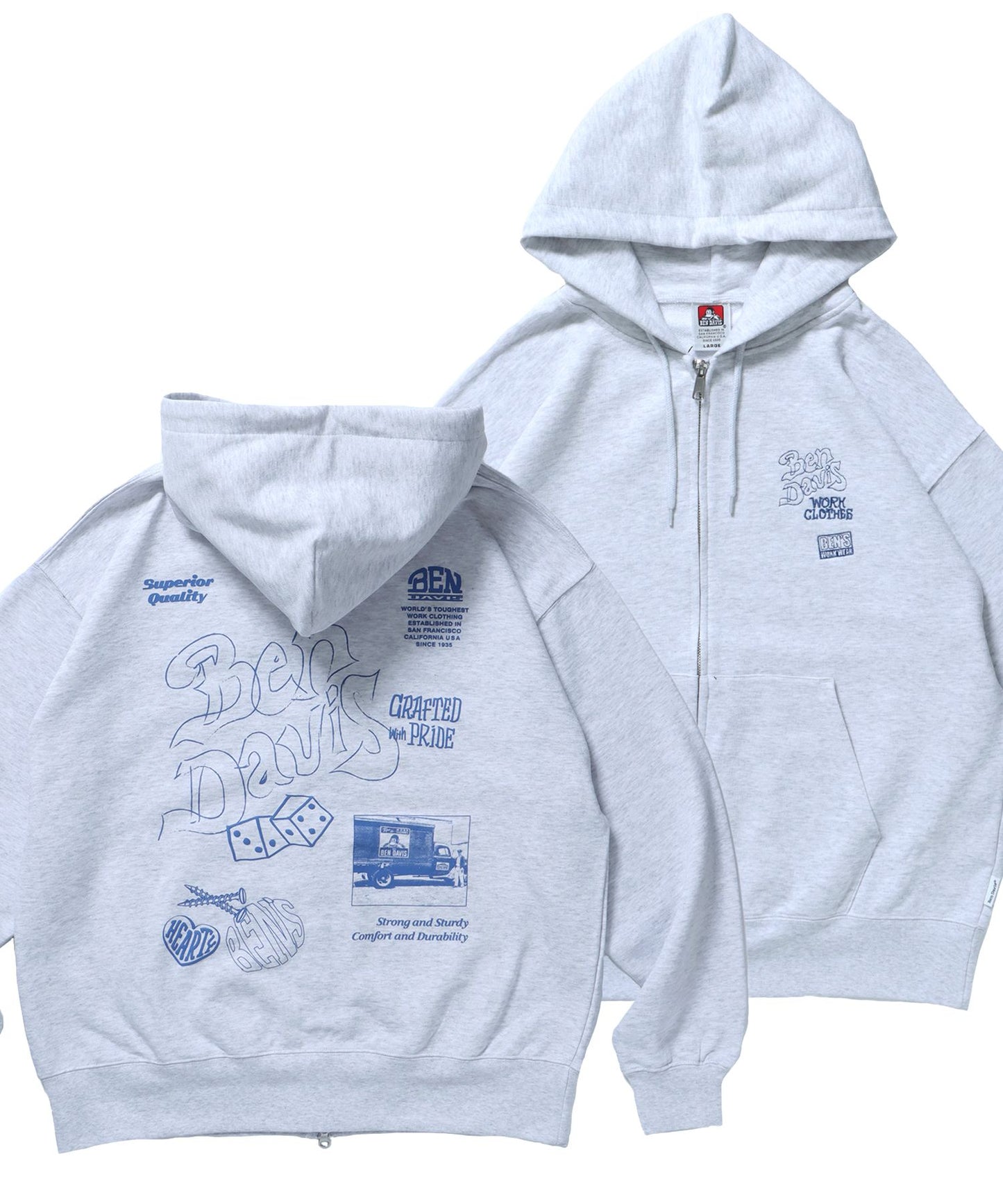 【BEN DAVIS（ベンデイビス）】ROUGH IDEAS ZIP HOODIE / ジップパーカー ワイドシルエット フーディ 裏毛 アッシュグレー