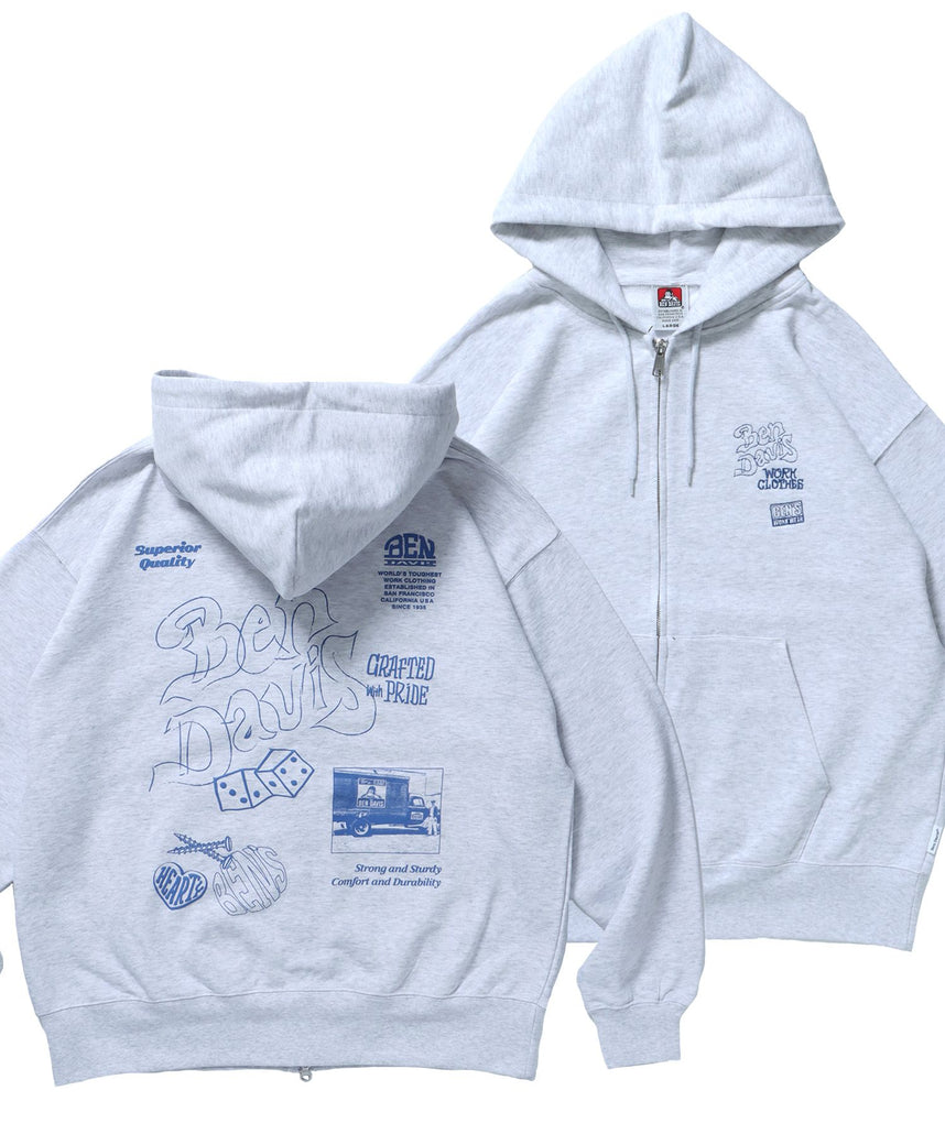 【BEN DAVIS（ベンデイビス）】ROUGH IDEAS ZIP HOODIE / ジップパーカー ワイドシルエット フーディ 裏毛 アッシュグレー