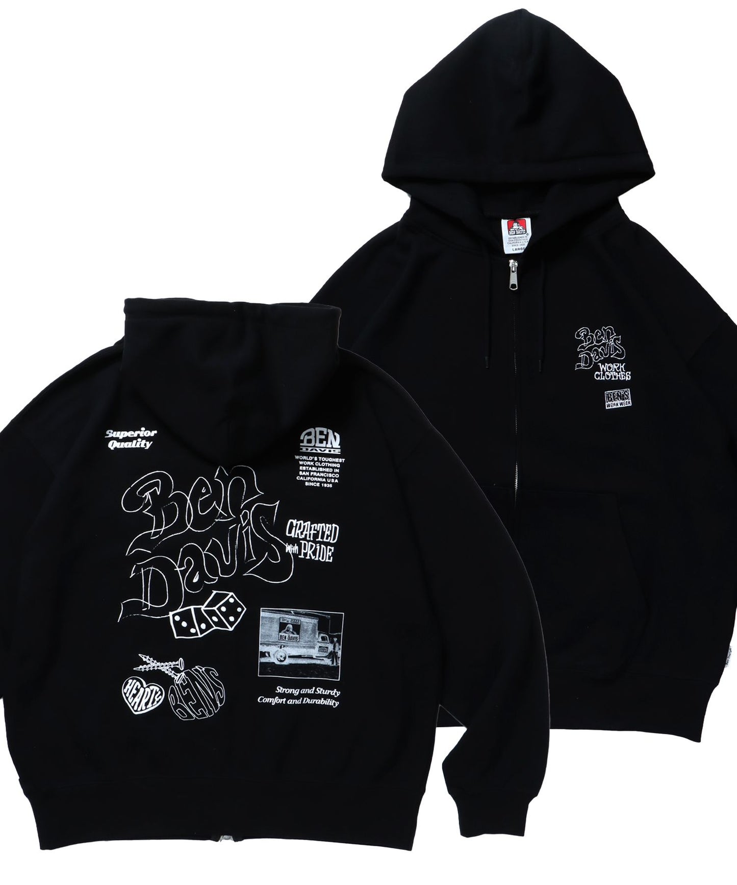 【BEN DAVIS（ベンデイビス）】ROUGH IDEAS ZIP HOODIE / ジップパーカー ワイドシルエット フーディ 裏毛 ブラック