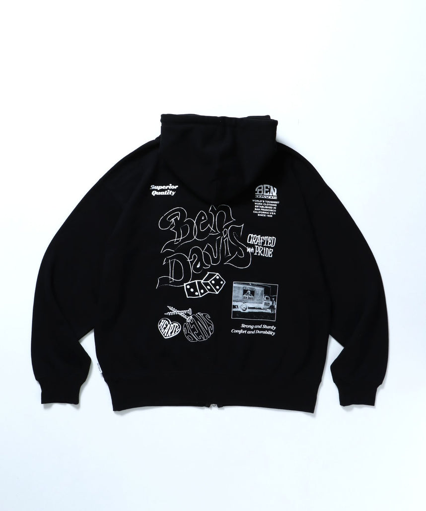 【BEN DAVIS（ベンデイビス）】ROUGH IDEAS ZIP HOODIE / ジップパーカー ワイドシルエット フーディ 裏毛 ブラック