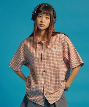 SQNZ APPLIQUE CHECK SHIRTS / シャツ ショート丈 チェック 半袖 刺繍 ピンク