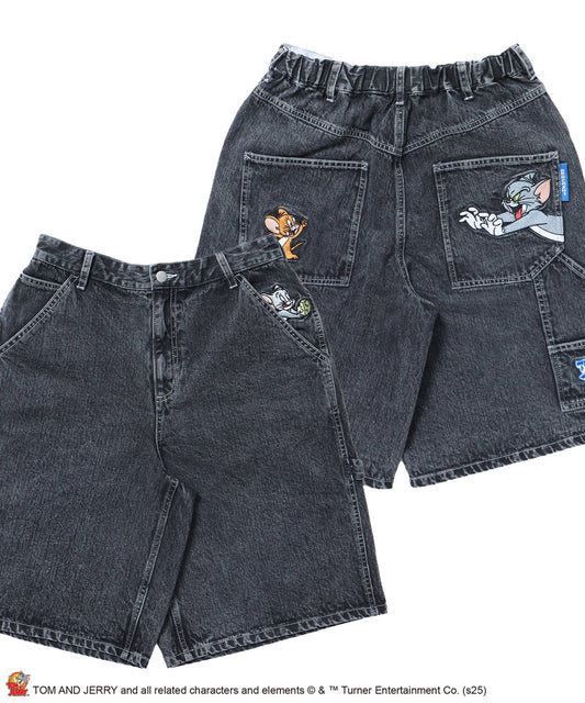 【SEQUENZ（シークエンズ）】TJ CHARACTER DENIM SHORTS / トムとジェリー パンツ 半ズボン ショーツ ワンポイント 刺繍 ブラック