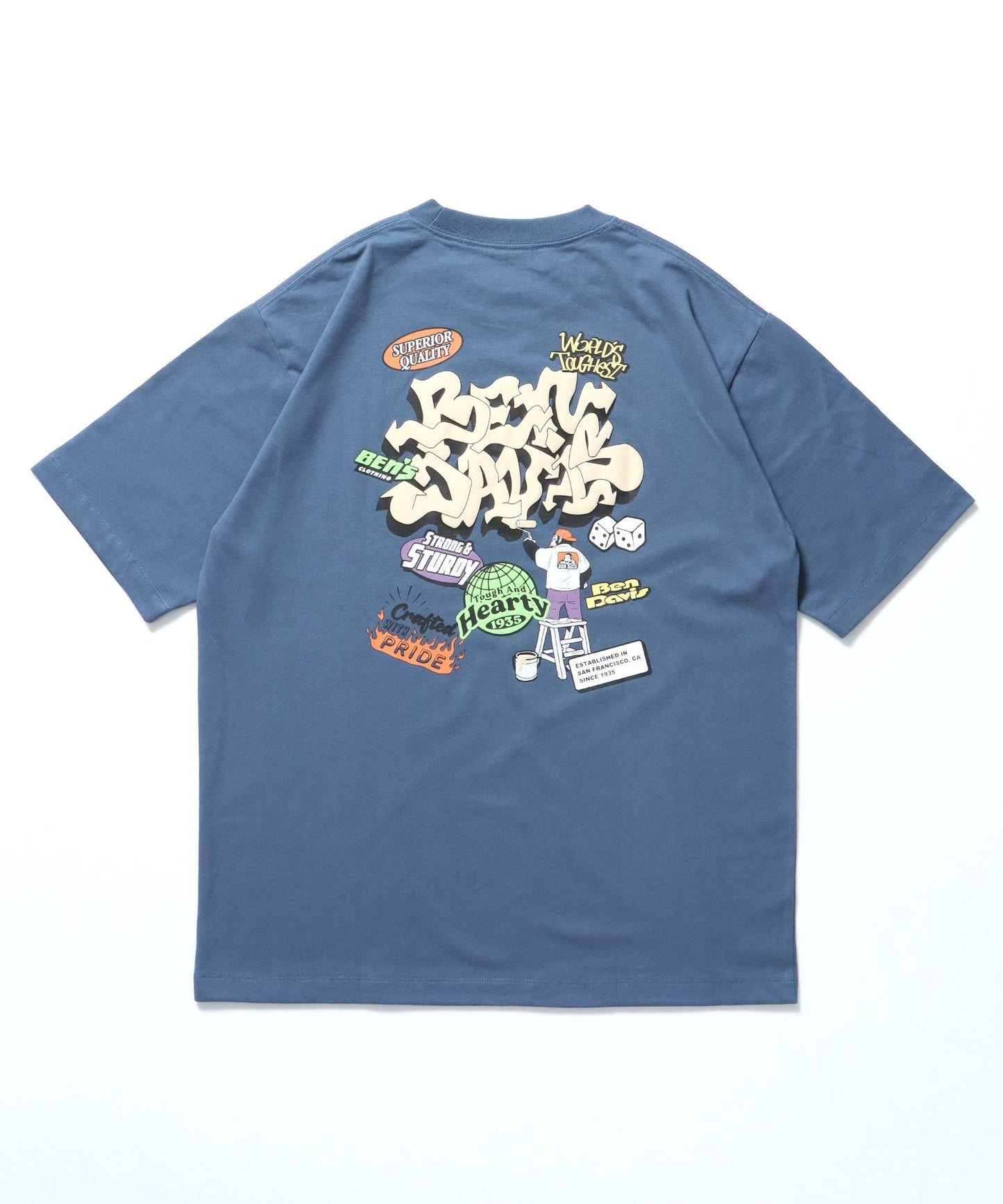 【BEN DAVIS（ベンデイビス）】OVERLAP TEE / Tシャツ グラフィティ クルーネック オーバーサイズ ワンポイント ブルーグレー