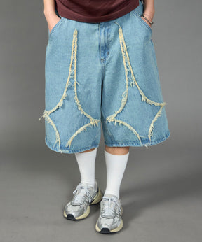 APPLIQUE DENIM SHORTS / デニム パンツ 半ズボン ショーツ ワンポイント 刺繍 サックスブルー
