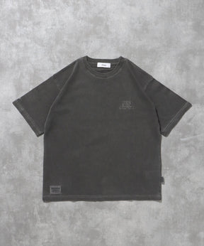 フェード刺繍Tシャツ / Tシャツ 短丈 クルーネック 半袖 ピグメント加工 セットアップ ブラック