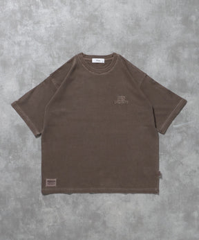 フェード刺繍Tシャツ / Tシャツ 短丈 クルーネック 半袖 ピグメント加工 セットアップ ブラウン