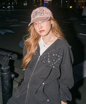 APPLIQUE STONE FADE ZIP P/K / ラインストーン ジップパーカー ダブルジップ 裏起毛 加工 【セットアップ】 ブラック