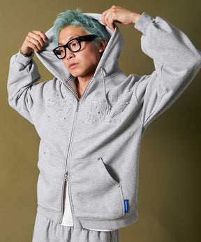 APPLIQUE STONE FADE ZIP P/K / ラインストーン ジップパーカー ダブルジップ 裏起毛 加工 【セットアップ】 グレー