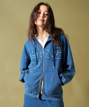 APPLIQUE STONE FADE ZIP P/K / ラインストーン ジップパーカー ダブルジップ 裏起毛 加工 【セットアップ】 ブルー