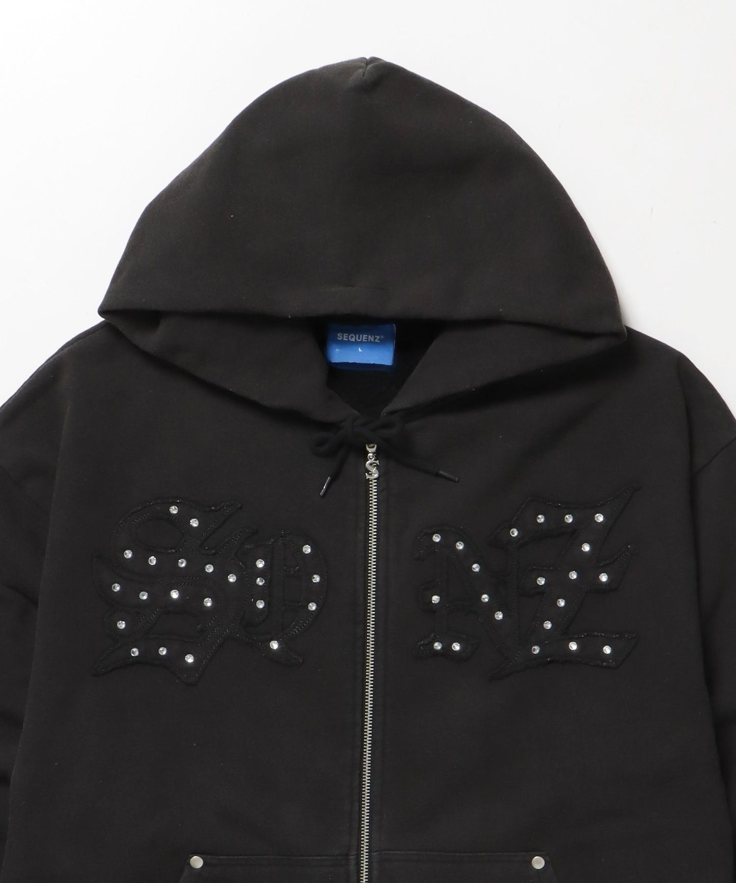 APPLIQUE STONE FADE ZIP P/K / ラインストーン ジップパーカー ダブルジップ 裏起毛 加工 【セットアップ】 ブラック