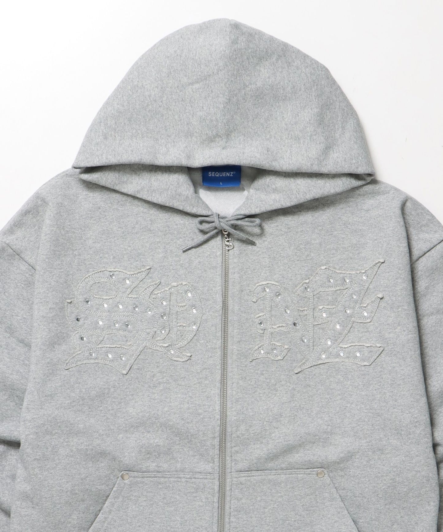 APPLIQUE STONE FADE ZIP P/K / ラインストーン ジップパーカー ダブルジップ 裏起毛 加工 【セットアップ】 グレー