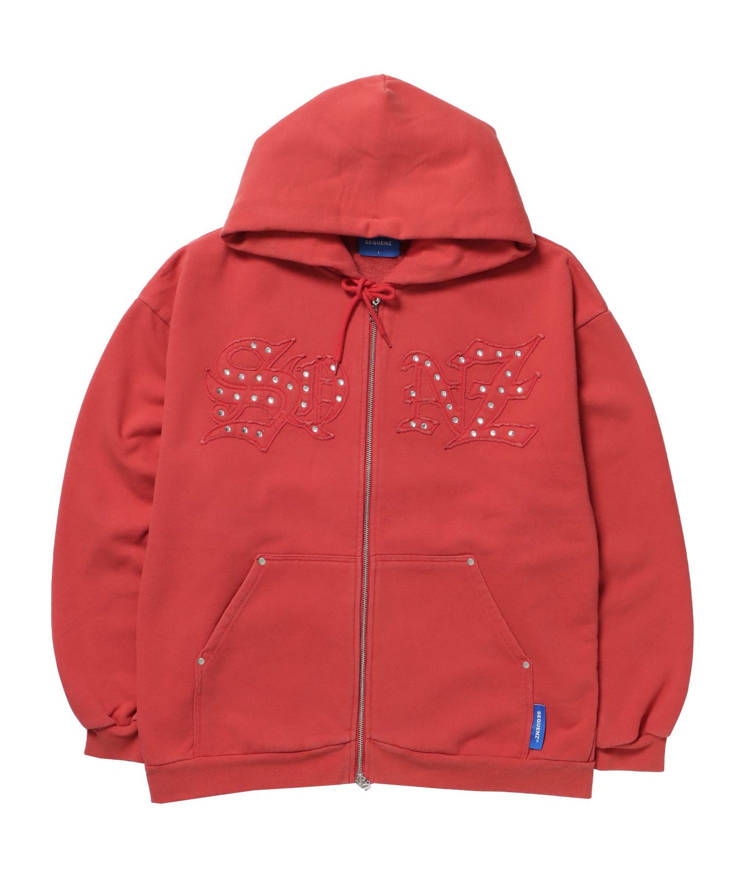 【SEQUENZ（シークエンズ）】APPLIQUE STONE FADE ZIP P/K / ラインストーン ジップパーカー ダブルジップ 裏起毛 加工 【セットアップ】 レッド
