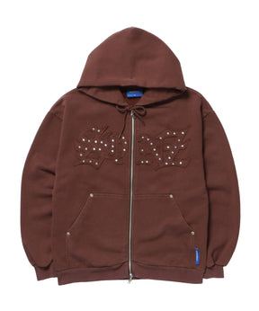 APPLIQUE STONE FADE ZIP P/K / ラインストーン ジップパーカー ダブルジップ 裏起毛 加工 【セットアップ】 モカ
