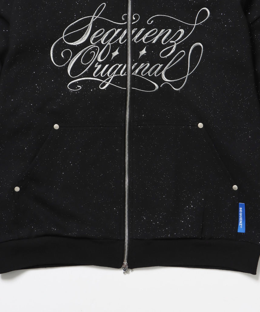 SQNZ LOGO GLITTER ZIP P/K / ジップパーカー ラメプリント ダブルジップ 裏起毛 【セットアップ】 ブラック