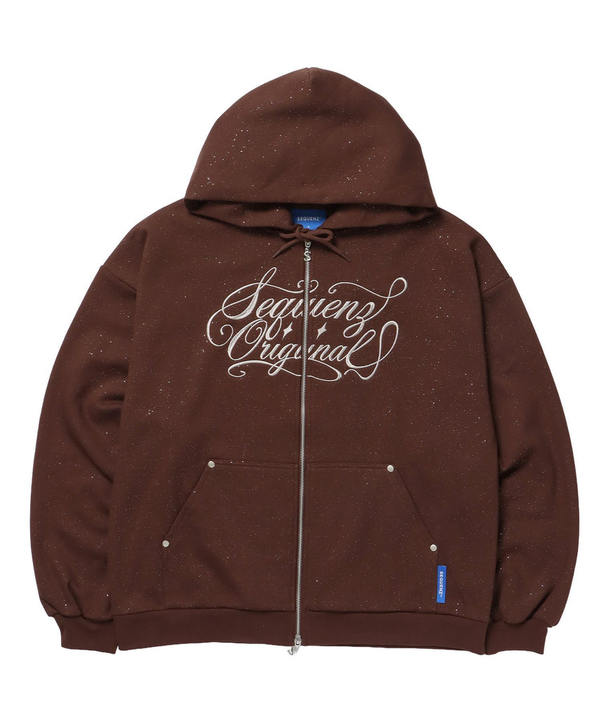 【SEQUENZ（シークエンズ）】SQNZ LOGO GLITTER ZIP P/K / ジップパーカー ラメプリント ダブルジップ 裏起毛 【セットアップ】 モカ